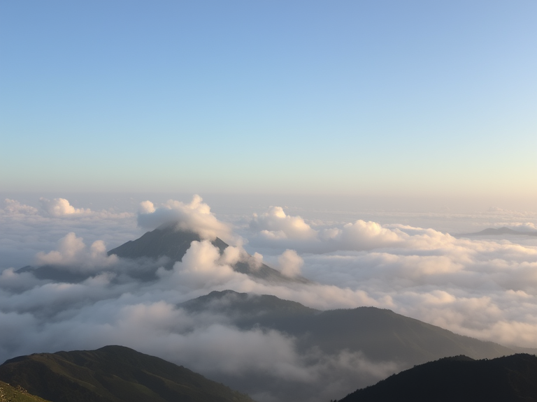 A mountain peak dawning with soft, white cotton-like clouds and a still atmosphere is being described to portray peacefulness and serenity.