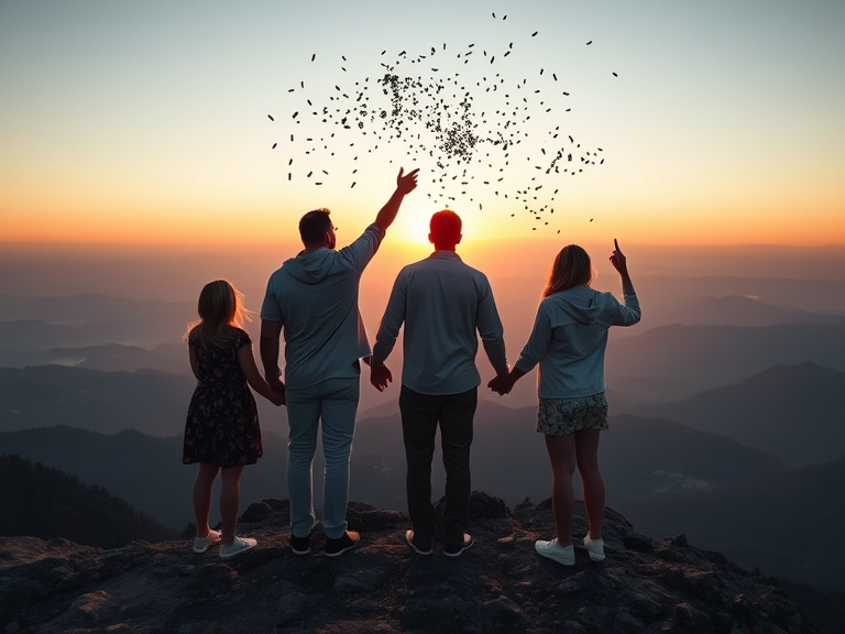 A family gathered on a mountaintop, holding hands and scattering ashes into the wind as the sun sets in the background.